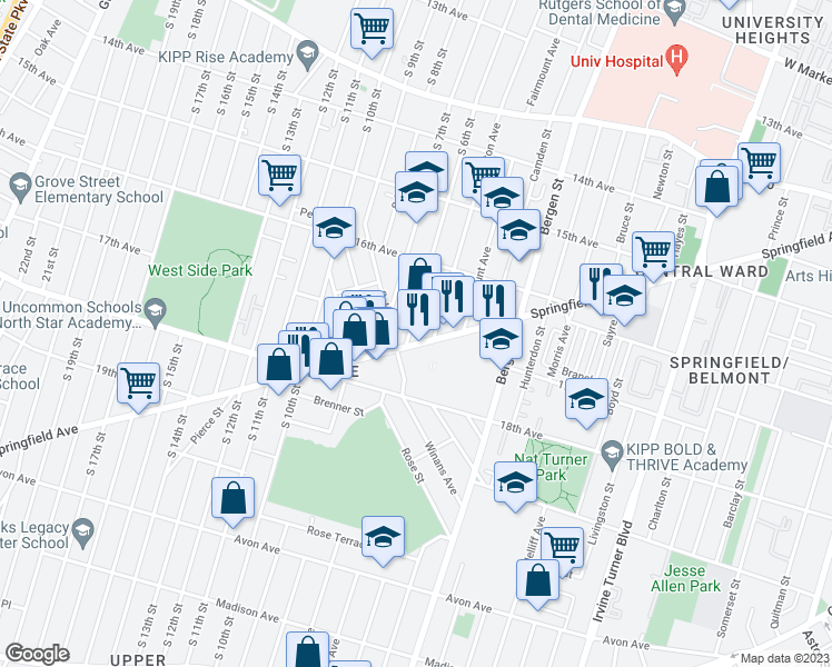 map of restaurants, bars, coffee shops, grocery stores, and more near 424 Springfield Avenue in Newark