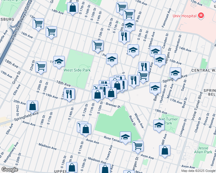 map of restaurants, bars, coffee shops, grocery stores, and more near 577 South 10th Street in Newark