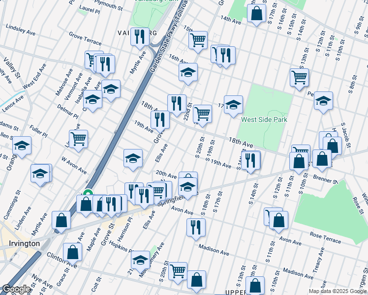 map of restaurants, bars, coffee shops, grocery stores, and more near 112 19th Avenue in Irvington