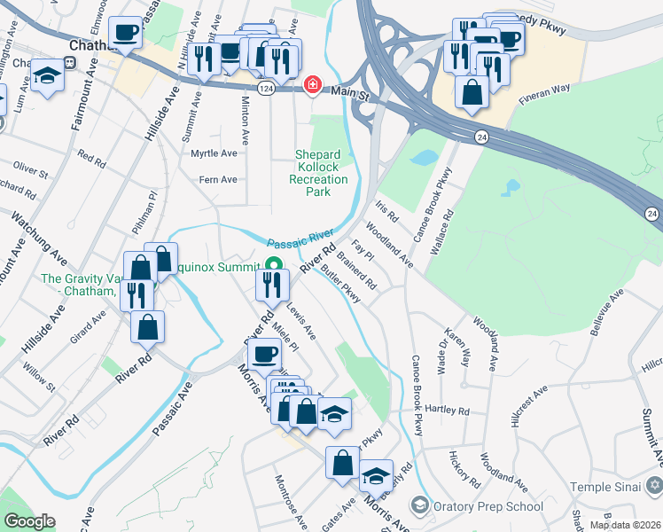 map of restaurants, bars, coffee shops, grocery stores, and more near 131 Butler Parkway in Summit