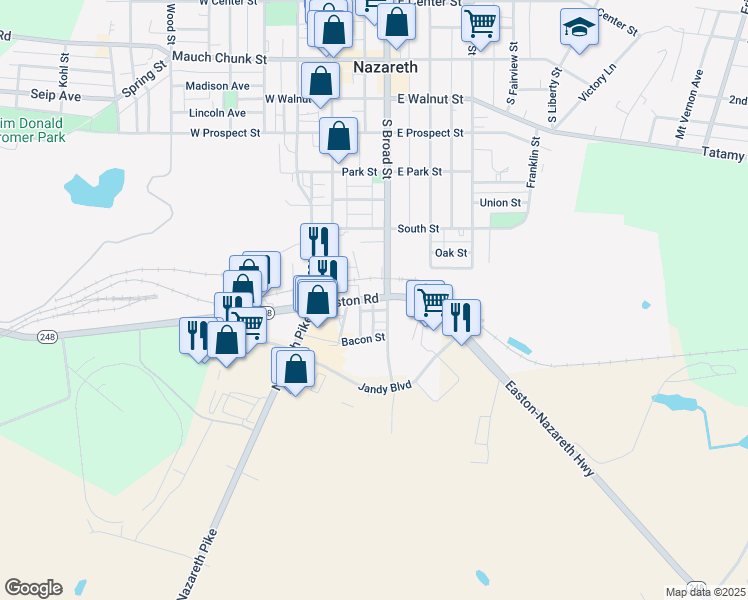 map of restaurants, bars, coffee shops, grocery stores, and more near 32 Easton Road in Nazareth