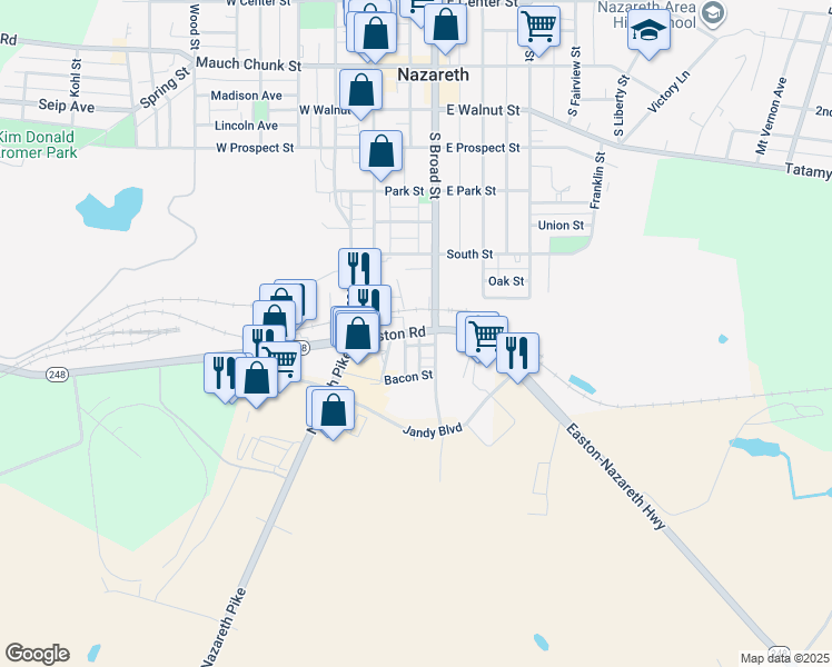 map of restaurants, bars, coffee shops, grocery stores, and more near 32 Easton Road in Nazareth