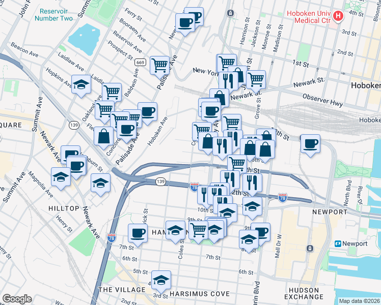 map of restaurants, bars, coffee shops, grocery stores, and more near in Jersey City