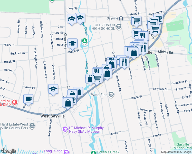 map of restaurants, bars, coffee shops, grocery stores, and more near 32 Saxton Avenue in Sayville