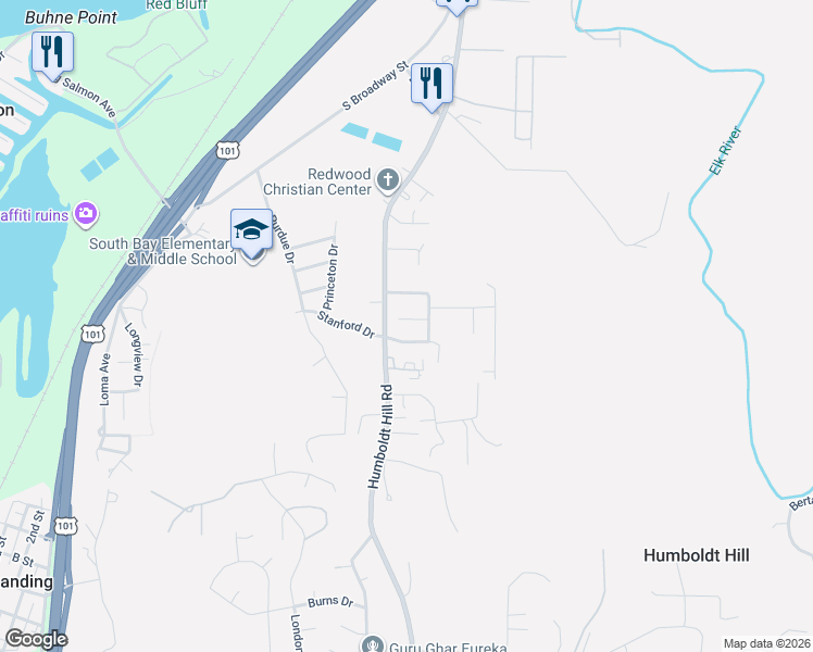 map of restaurants, bars, coffee shops, grocery stores, and more near 2321 Kellog Place in Eureka