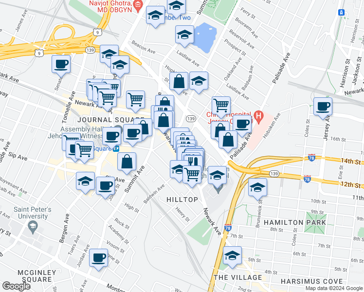 map of restaurants, bars, coffee shops, grocery stores, and more near 90 Court House Place in Jersey City