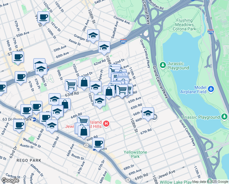 map of restaurants, bars, coffee shops, grocery stores, and more near 10525 64th Avenue in Queens