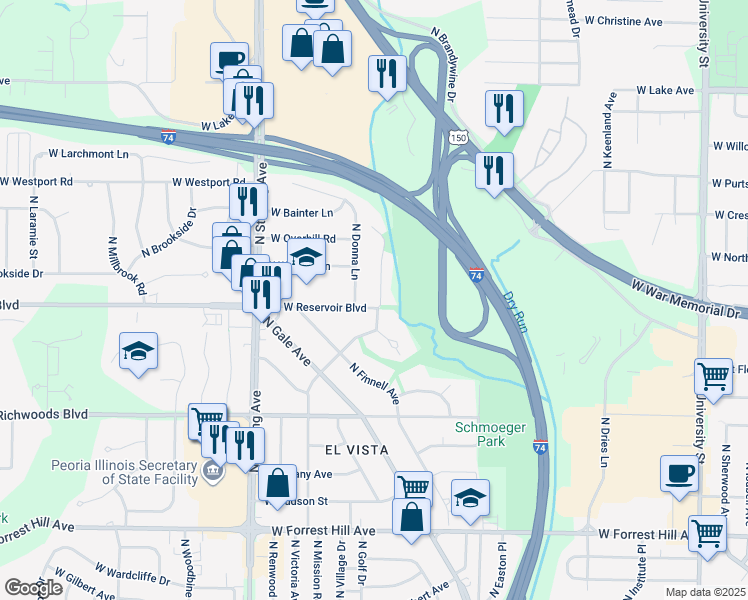 map of restaurants, bars, coffee shops, grocery stores, and more near 3701 North Street Michael Avenue in Peoria