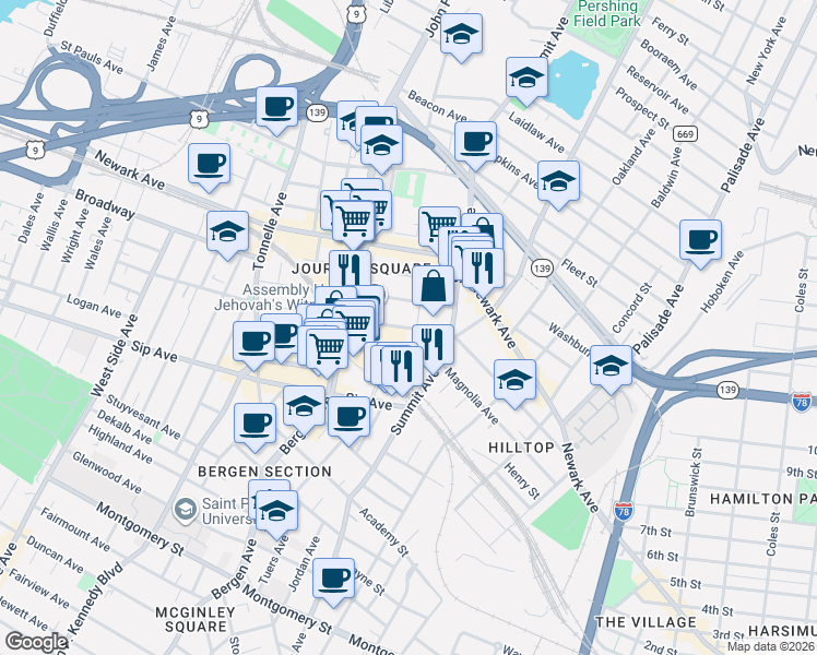 map of restaurants, bars, coffee shops, grocery stores, and more near 615 Pavonia Avenue in Jersey City