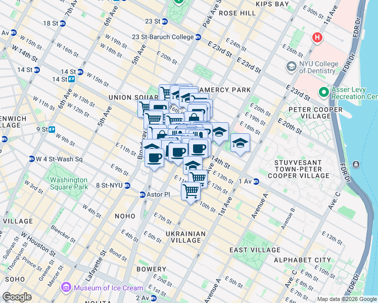 map of restaurants, bars, coffee shops, grocery stores, and more near in New York