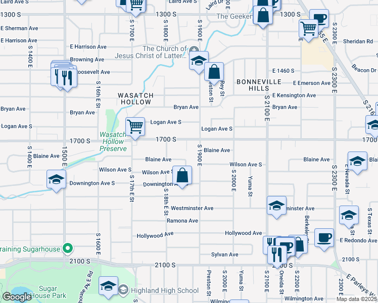 map of restaurants, bars, coffee shops, grocery stores, and more near 1733 Sugarhouse Lane in Salt Lake City