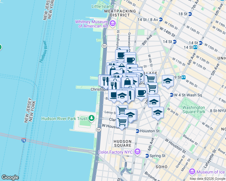map of restaurants, bars, coffee shops, grocery stores, and more near 165 Christopher Street in New York