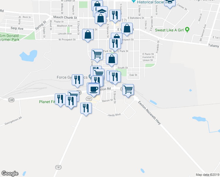 map of restaurants, bars, coffee shops, grocery stores, and more near 41 Easton Road in Nazareth