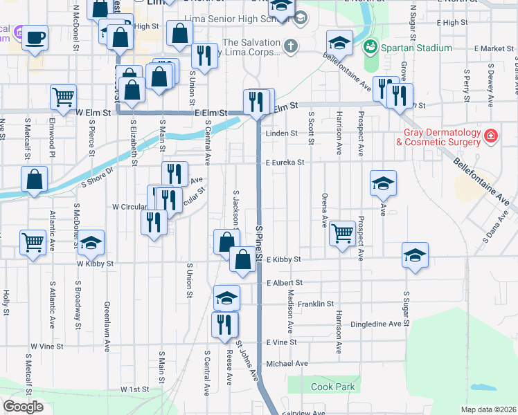 map of restaurants, bars, coffee shops, grocery stores, and more near 367 Ohio 65 in Lima