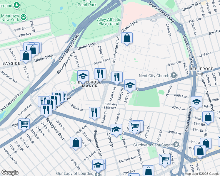 map of restaurants, bars, coffee shops, grocery stores, and more near 86-17 Winchester Boulevard in Queens