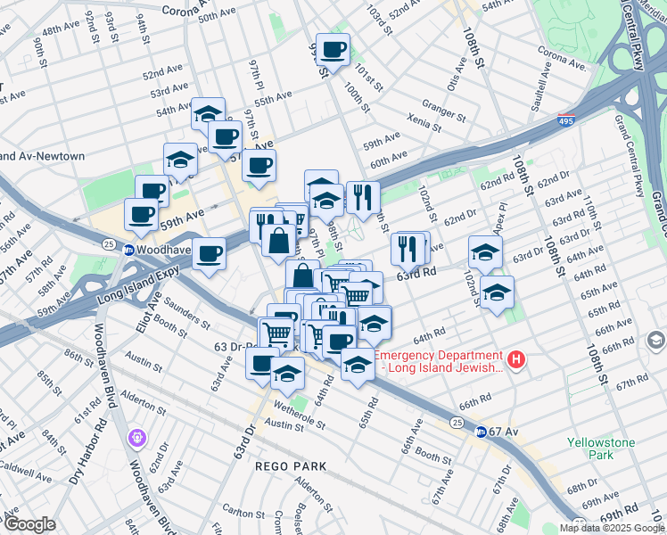 map of restaurants, bars, coffee shops, grocery stores, and more near in Queens