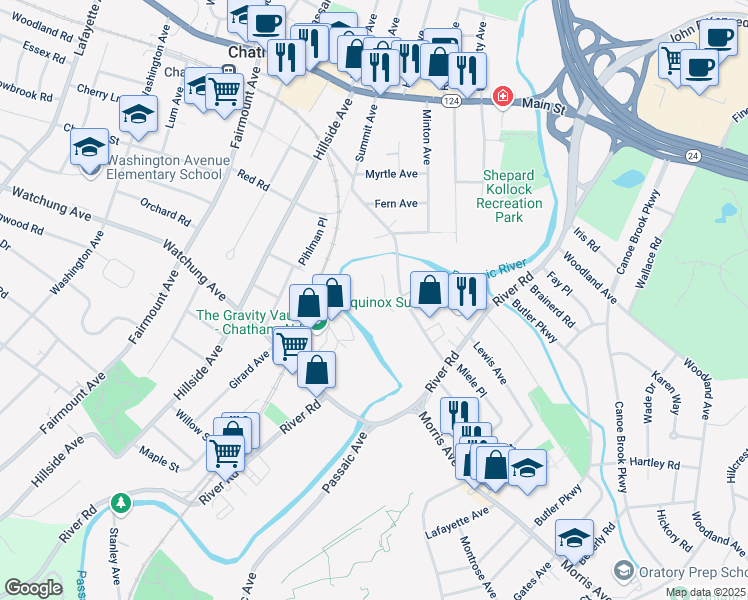 map of restaurants, bars, coffee shops, grocery stores, and more near 56 Chatham Road in Summit