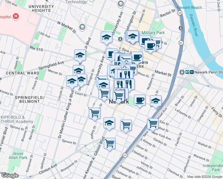 map of restaurants, bars, coffee shops, grocery stores, and more near 907-913 Broad Street in Newark