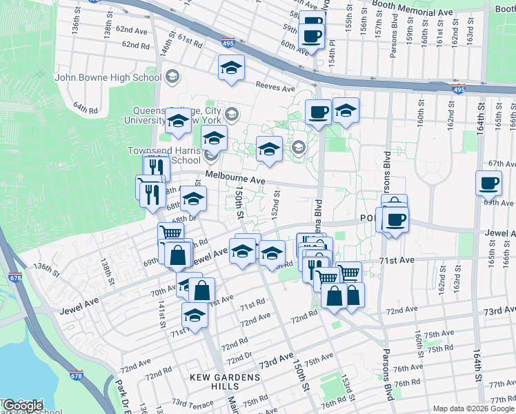 map of restaurants, bars, coffee shops, grocery stores, and more near 67-66 152nd Street in Queens