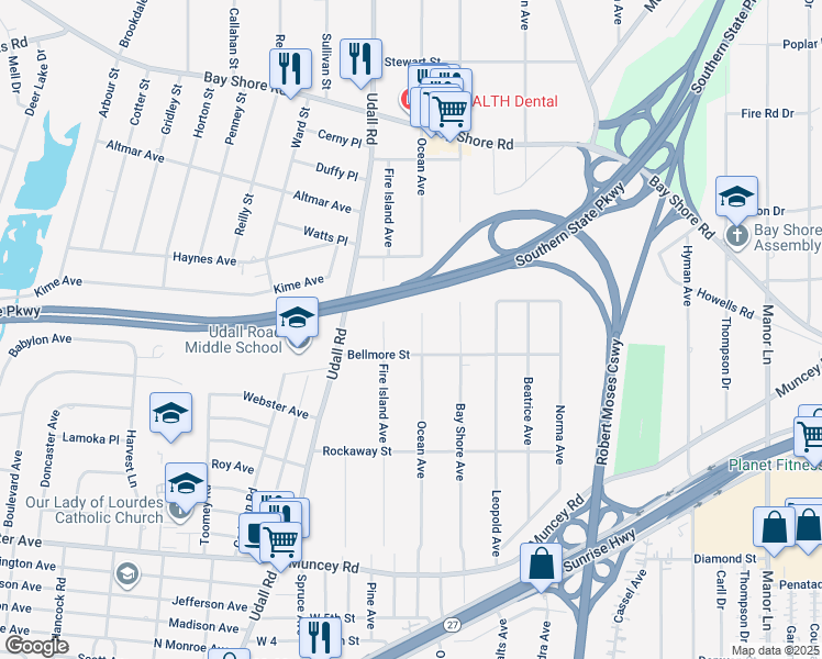 map of restaurants, bars, coffee shops, grocery stores, and more near 533 Bellmore Street in West Islip