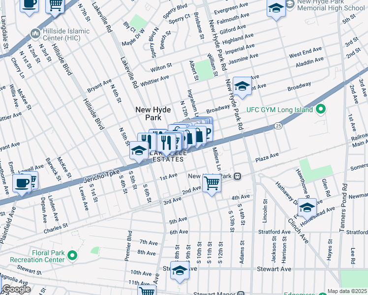 map of restaurants, bars, coffee shops, grocery stores, and more near 1019 Jericho Turnpike in New Hyde Park