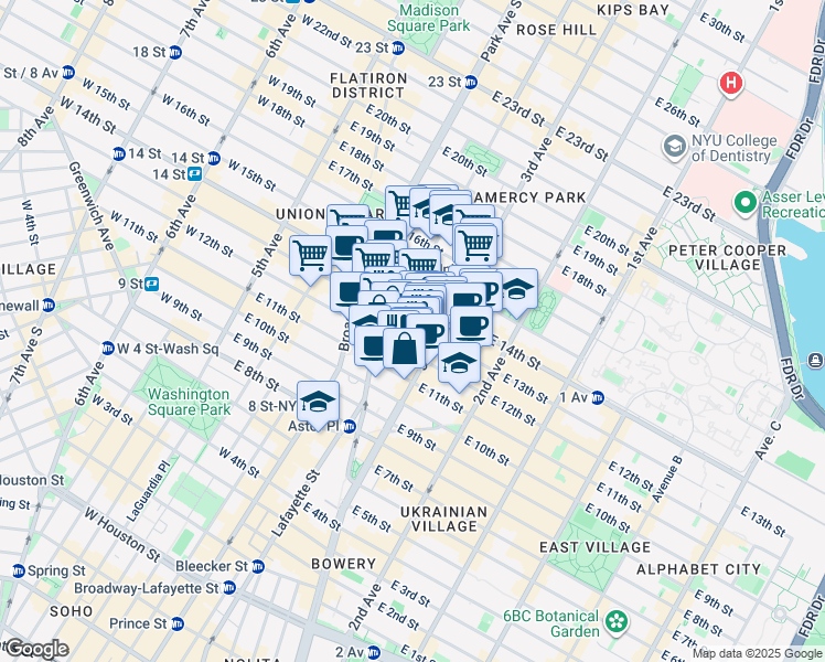 map of restaurants, bars, coffee shops, grocery stores, and more near 126-128 East 13th Street in New York
