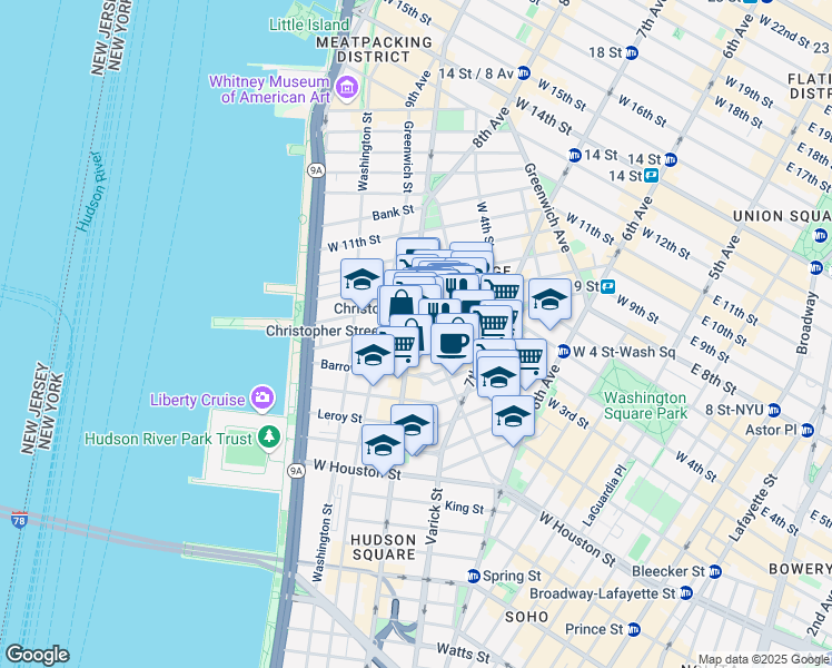 map of restaurants, bars, coffee shops, grocery stores, and more near 494 Hudson Street in New York