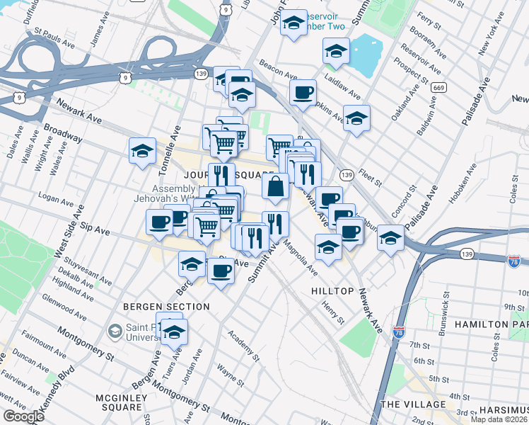 map of restaurants, bars, coffee shops, grocery stores, and more near 615 Pavonia Avenue in Jersey City