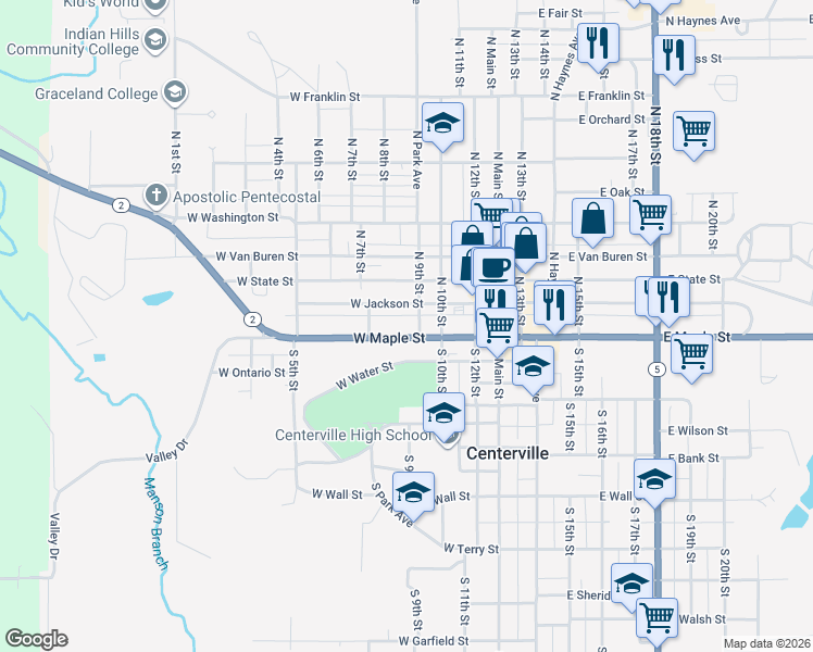 map of restaurants, bars, coffee shops, grocery stores, and more near 501-611 W Maple St in Centerville