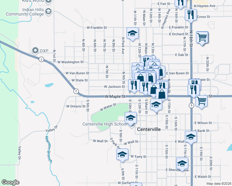 map of restaurants, bars, coffee shops, grocery stores, and more near 501-611 W Maple St in Centerville