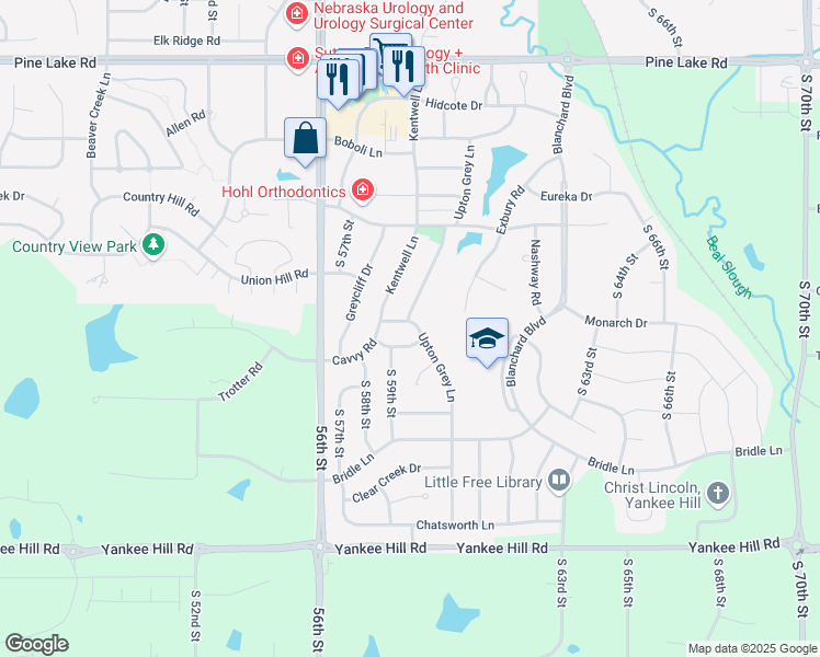 map of restaurants, bars, coffee shops, grocery stores, and more near 7707 Upton Grey Lane in Lincoln