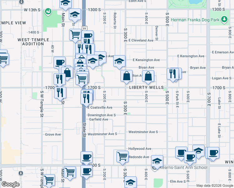 map of restaurants, bars, coffee shops, grocery stores, and more near 1724 Shelmerdine Court in Salt Lake City