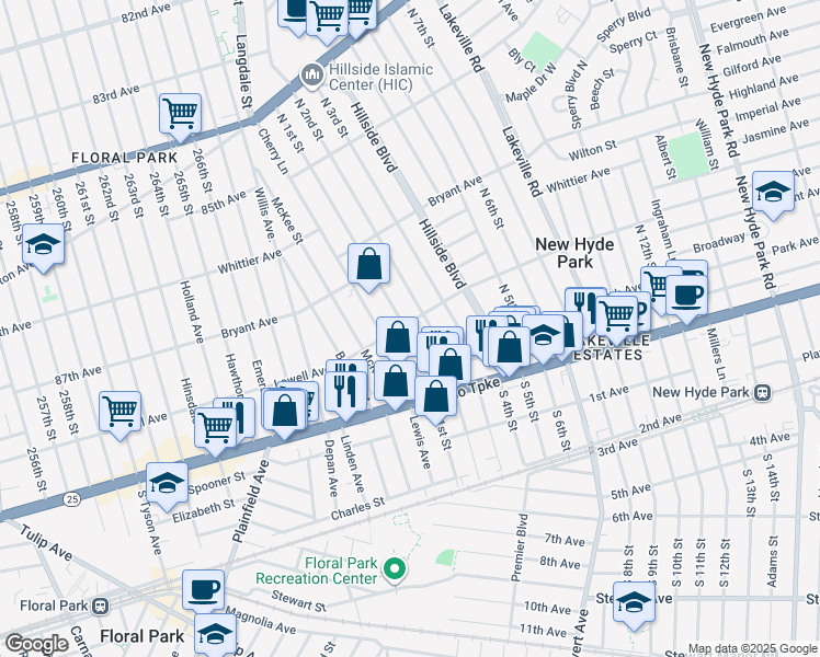 map of restaurants, bars, coffee shops, grocery stores, and more near 6 Lowell Avenue in New Hyde Park