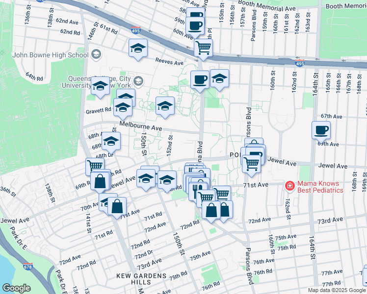 map of restaurants, bars, coffee shops, grocery stores, and more near 152-43 Jewel Avenue in Queens