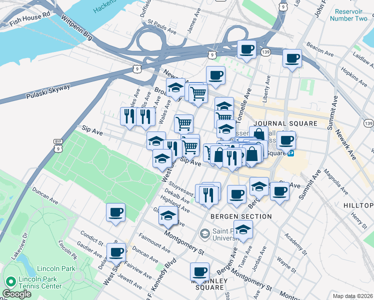 map of restaurants, bars, coffee shops, grocery stores, and more near in Jersey City