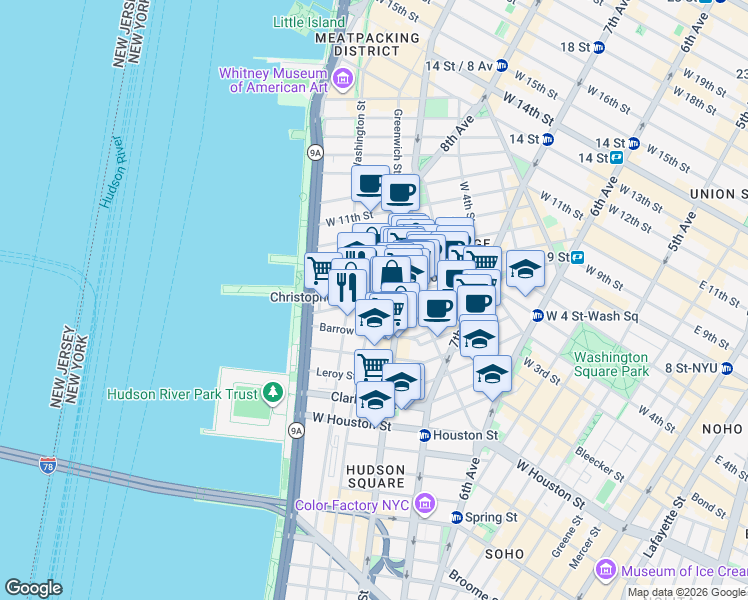 map of restaurants, bars, coffee shops, grocery stores, and more near Greenwich St & Christopher St in New York
