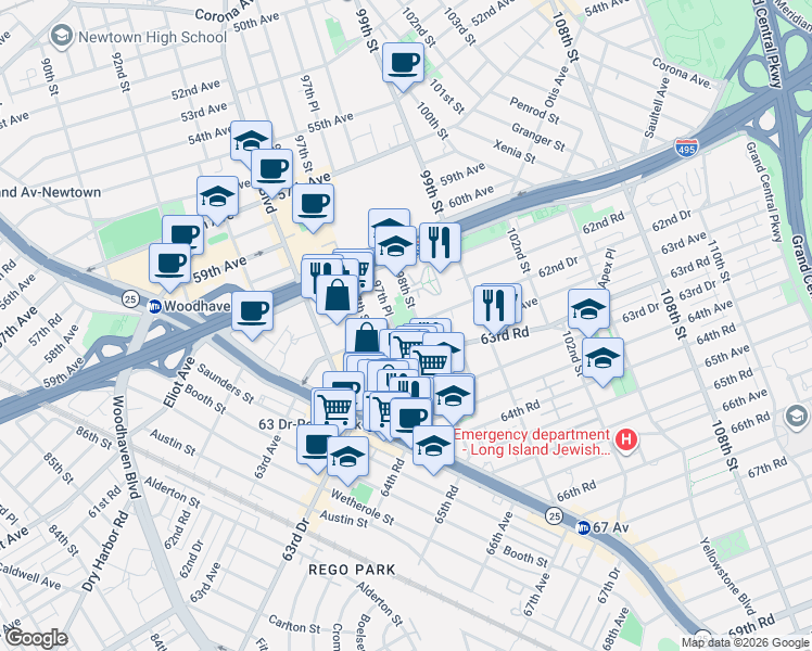 map of restaurants, bars, coffee shops, grocery stores, and more near in Queens