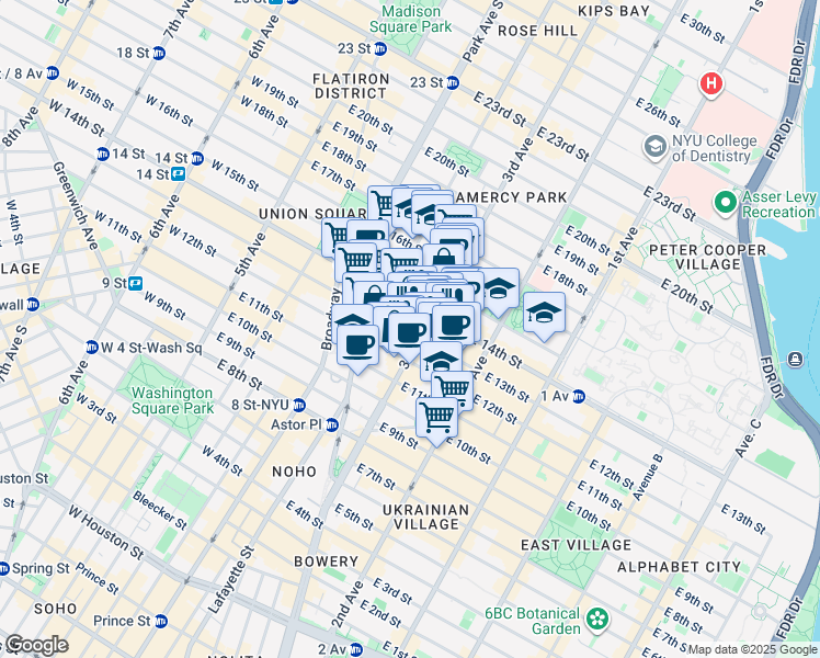 map of restaurants, bars, coffee shops, grocery stores, and more near 143 East 13th Street in New York