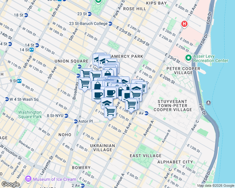 map of restaurants, bars, coffee shops, grocery stores, and more near 239 East 14th Street in New York