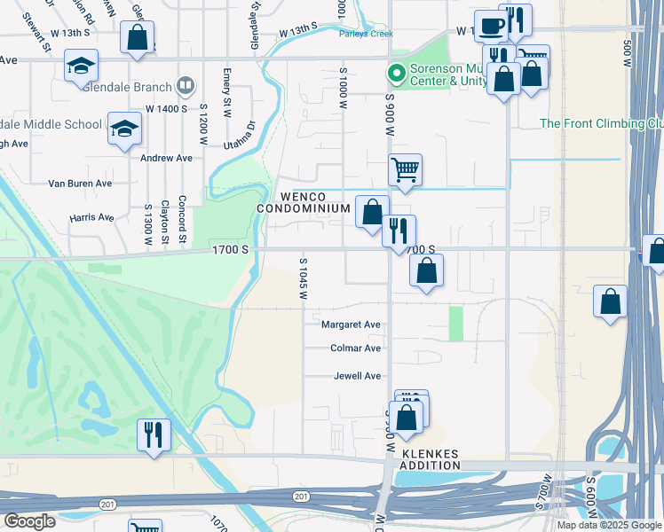 map of restaurants, bars, coffee shops, grocery stores, and more near 1740 Pearl Street in Salt Lake City