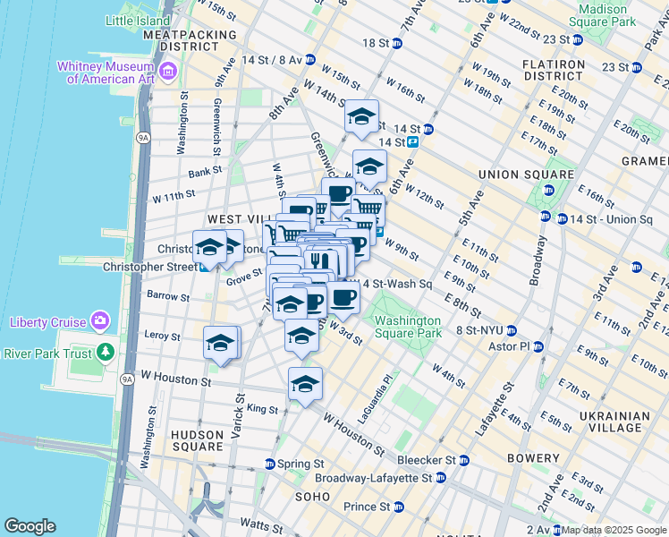 map of restaurants, bars, coffee shops, grocery stores, and more near 109 Washington Place in New York