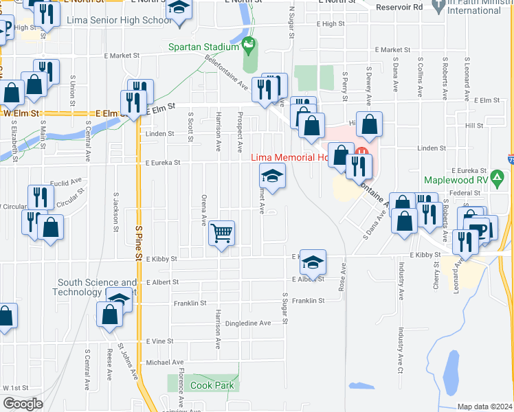 map of restaurants, bars, coffee shops, grocery stores, and more near 588 Calumet Avenue in Lima