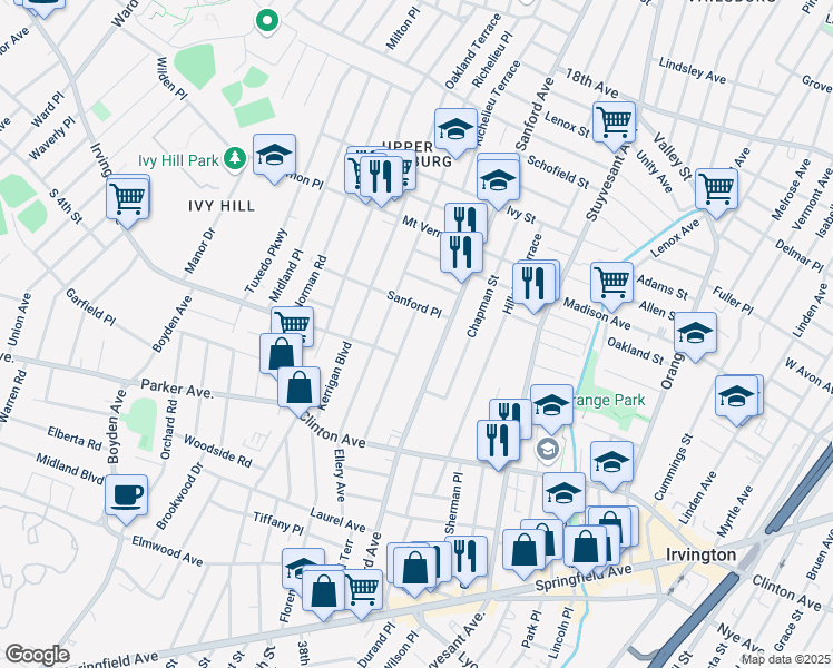 map of restaurants, bars, coffee shops, grocery stores, and more near 30 Marsac Place in Newark