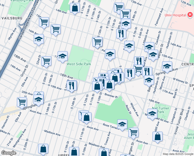map of restaurants, bars, coffee shops, grocery stores, and more near 595 South 11th Street in Newark
