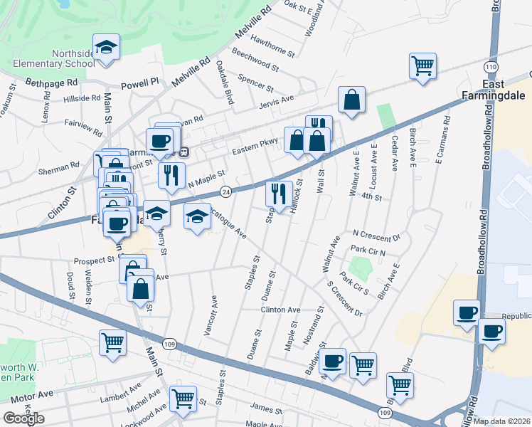 map of restaurants, bars, coffee shops, grocery stores, and more near 106 Staples Street in Farmingdale