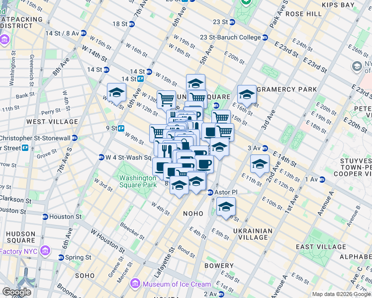 map of restaurants, bars, coffee shops, grocery stores, and more near 21 East 10th Street in New York
