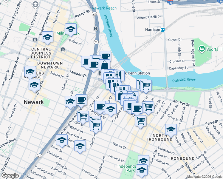 map of restaurants, bars, coffee shops, grocery stores, and more near in Newark