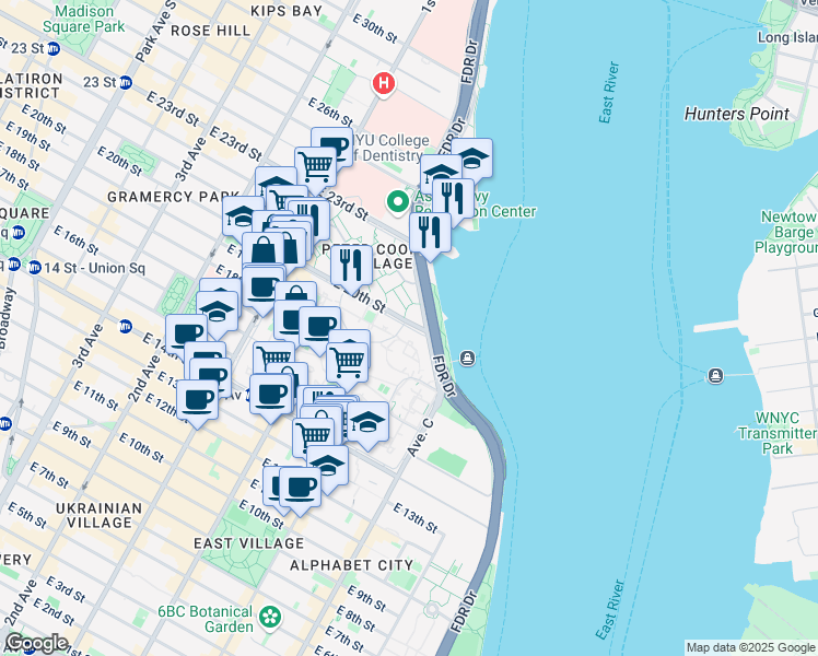 map of restaurants, bars, coffee shops, grocery stores, and more near 626 East 20th Street in New York