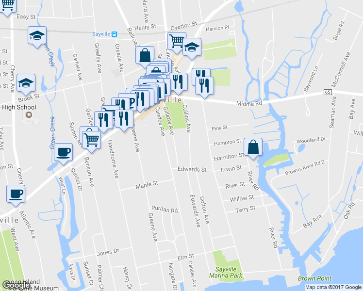 map of restaurants, bars, coffee shops, grocery stores, and more near 100 Collins Avenue in Sayville