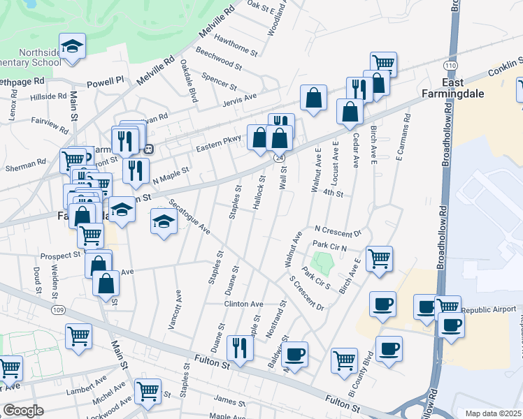 map of restaurants, bars, coffee shops, grocery stores, and more near 56 Hudson Street in Farmingdale